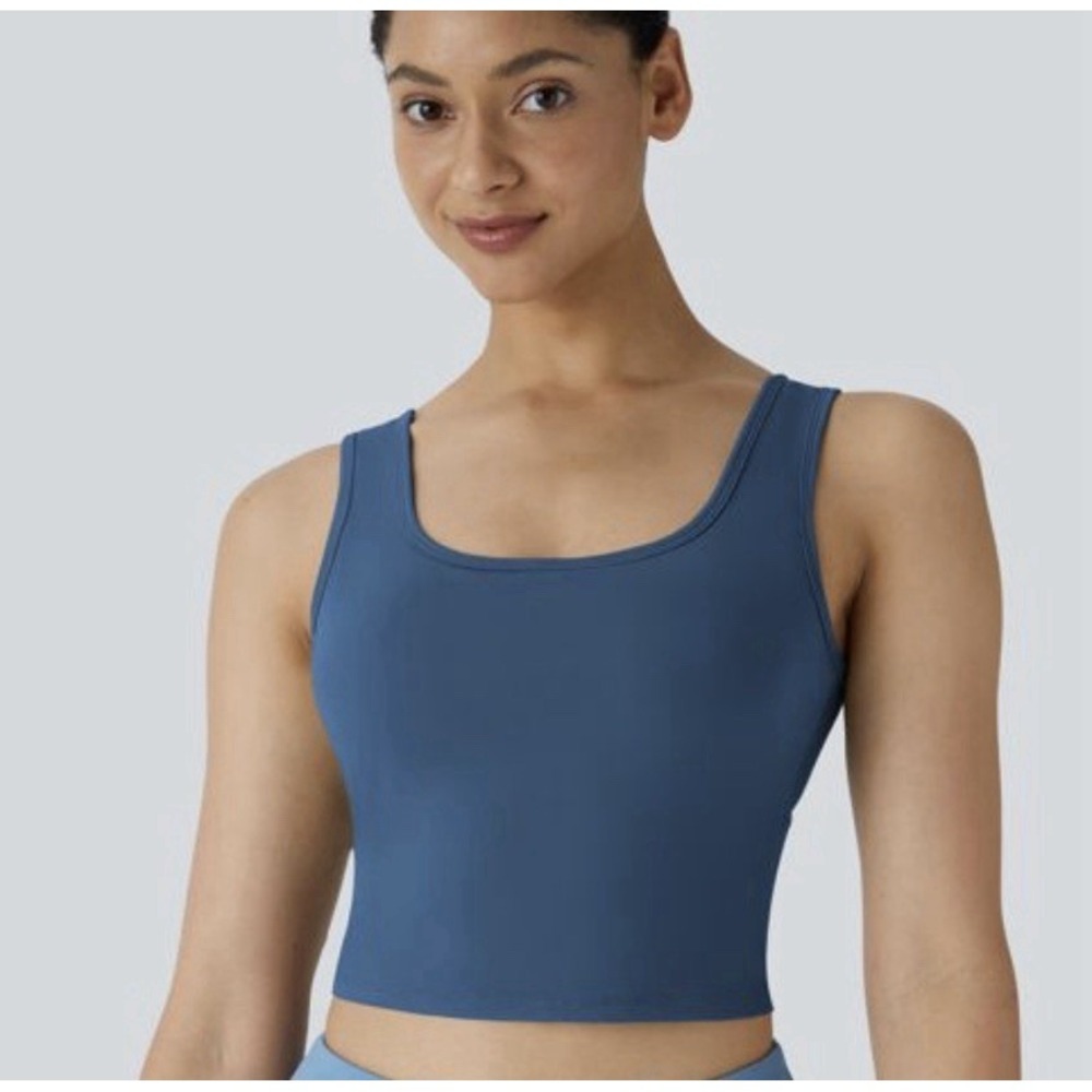 Halara Womens M U Neck Backless Crossover Tank Top Barre Ballet Dance Blue